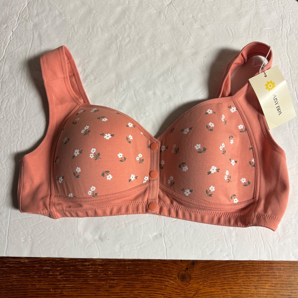 Daisy Bra Women 2XL Peach Floral Front Closure Wireless Cotton Comfort Bra NWT